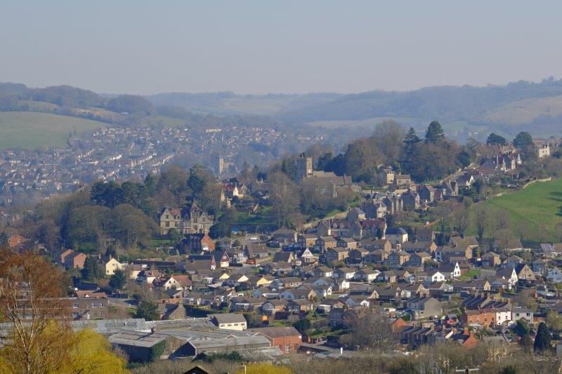 View back to Rodborough and Stroud while heading uphill