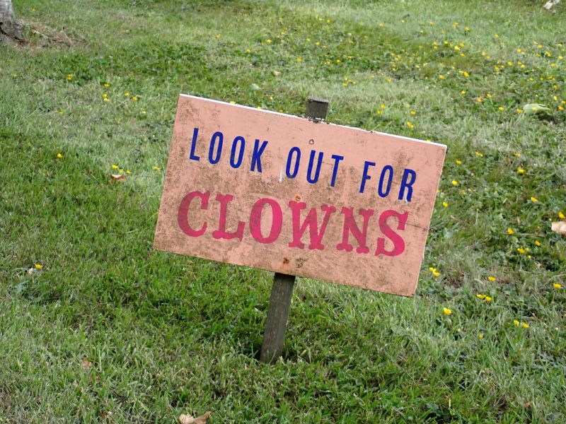 P6040009 Warning sign about clowns on grassy area.