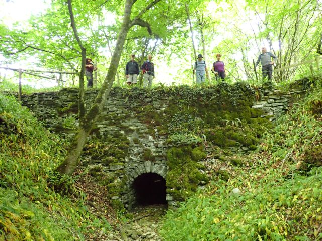 People standing atop ancient stone bridge in forest.