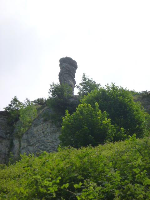 Rock pillar on green hill landscape