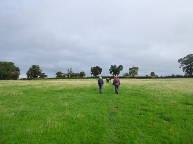 Hikers walking across a green field under cloudy sky.