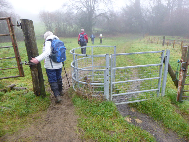 Walkers passing through gate on foggy countryside trail.