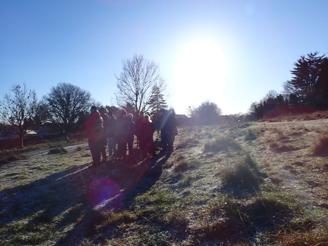 Group walking in sunny, frosty field